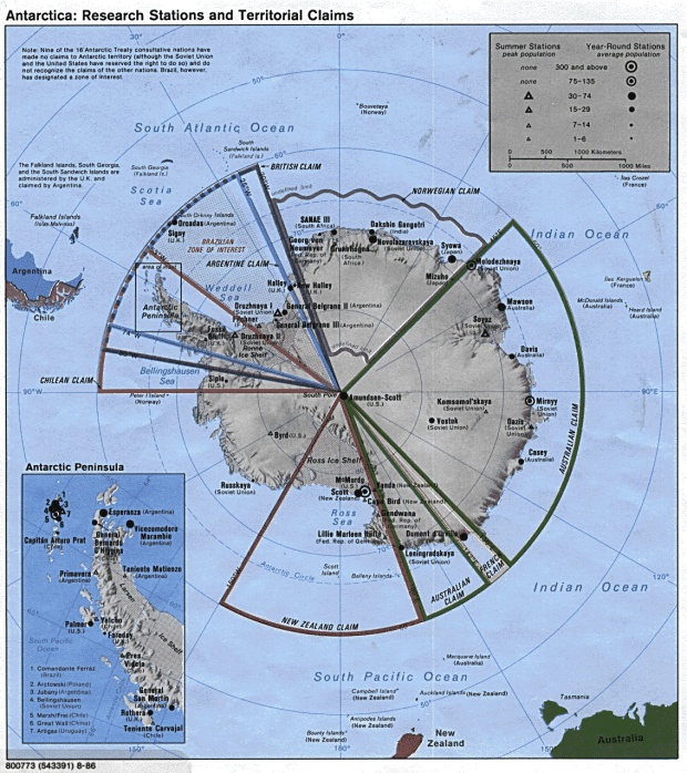 Mapa Físico de las Estaciones de Investigación y las Reivindicaciones Territoriales en Antarctica