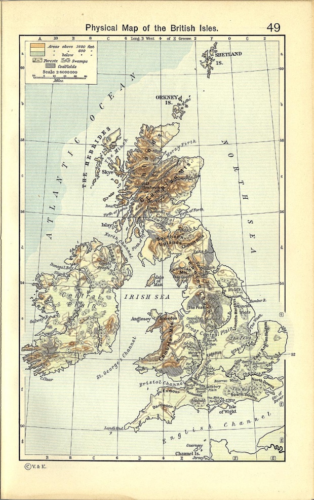 Mapa Físico de las Islas Británicas 1911