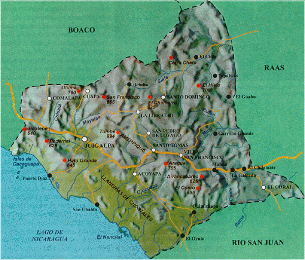 Mapa Físico del Departamento de Chontales, Nicaragua