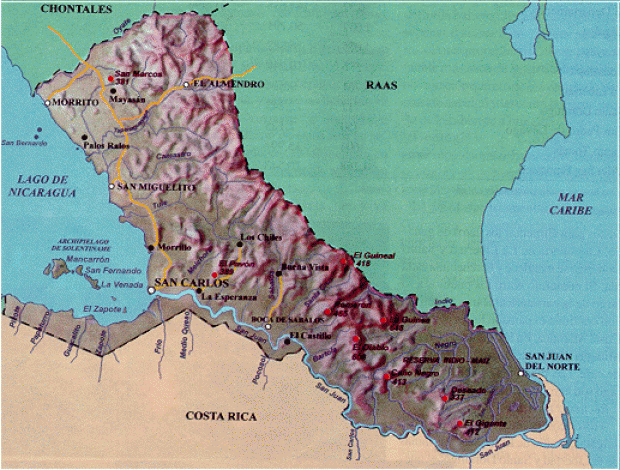 Mapa Físico del Departamento de Rio San Juan, Nicaragua