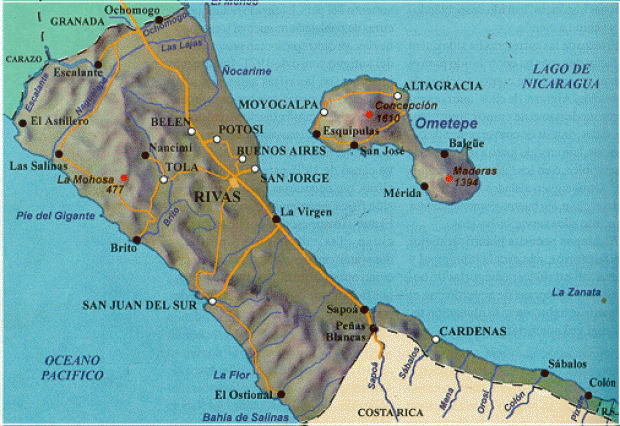 Mapa Físico del Departamento de Rivas, Nicaragua