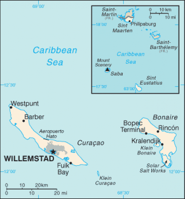 Mapa Político Pequeña Escala de las Antillas Neerlandesas