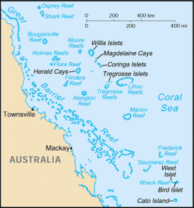 Mapa Político Pequeña Escala de las Islas del Mar del Coral, Australia