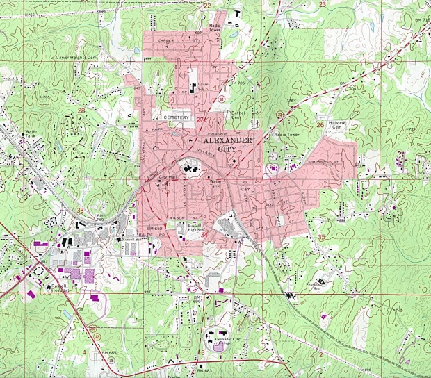 Mapa Topográfico de la Ciudad de Alexander, Alabama, Estados Unidos