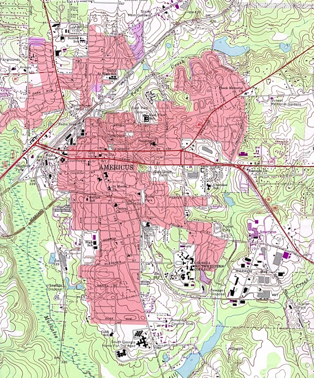 Mapa Topográfico de la Ciudad de Americus, Georgia, Estados Unidos