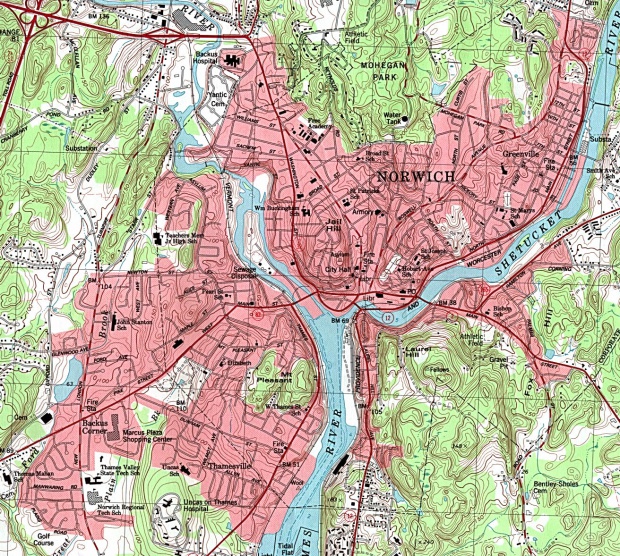 Mapa Topográfico de la Ciudad de Norwich, Connecticut, Estados Unidos