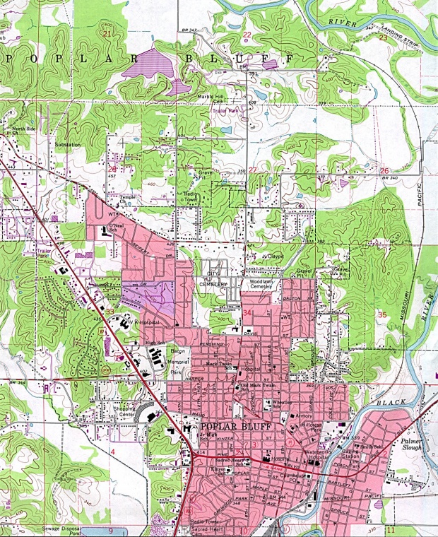 Mapa Topográfico de la Ciudad de Poplar Bluff, Missouri, Estados Unidos