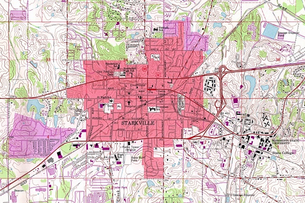 Mapa Topográfico de la Ciudad de Starkville, Misisipi, Estados Unidos