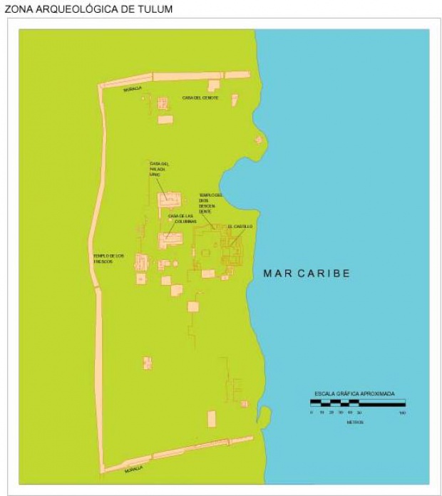 Mapa Zona Arqueológica de Tulum, Quintana Roo, Mexico