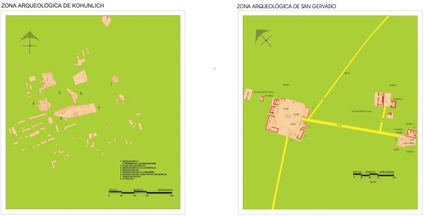 Mapa Zonas arqueológicas de Kohunlich y San Gervasio, Quintana Roo, Mexico