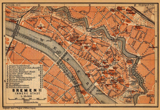 Mapa de Bremen (Interior de la Ciudad), Alemania 1910