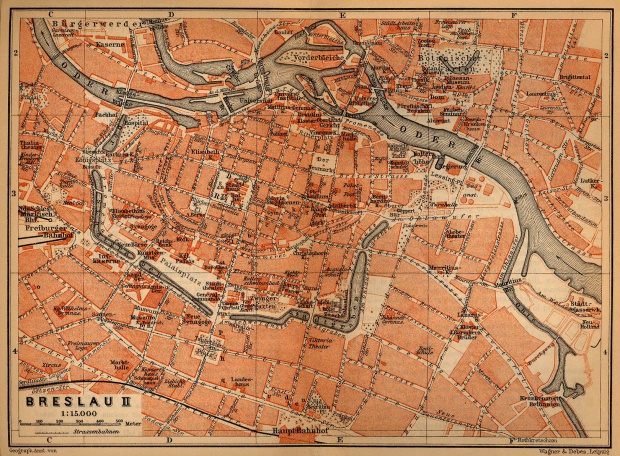 Mapa de Breslavia (Bresláu) Interior de la Ciudad, Polonia 1910