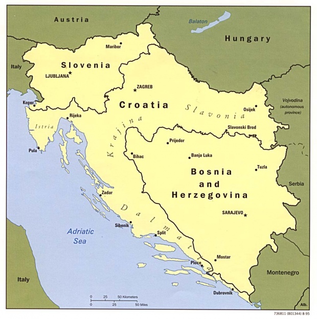 Mapa de Eslovenia, Croacia, Bosnia y Herzegovina