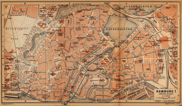 Mapa de Hamburgo (Interior de la Ciudad), Alemania 1910
