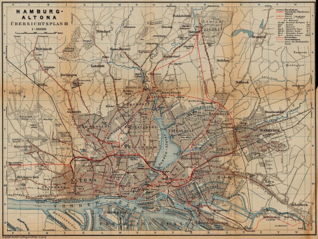 Mapa de Hamburgo (Tranvía y Ferrocarril), Alemania 1910
