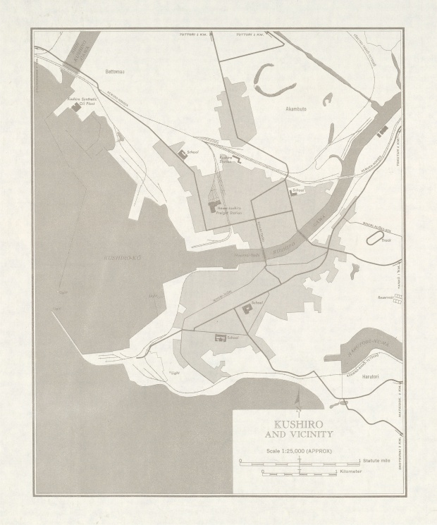 Mapa de Kushiro y Cercanías, Japón  1954