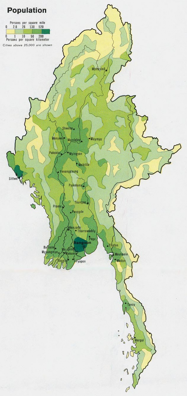 Mapa de Población de Birmania (Myanmar)