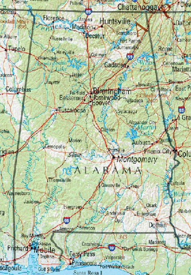 Mapa de Relieve Sombreado de Alabama, Estados Unidos