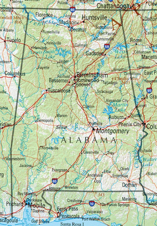 Mapa de Relieve Sombreado de Alabama, Estados Unidos