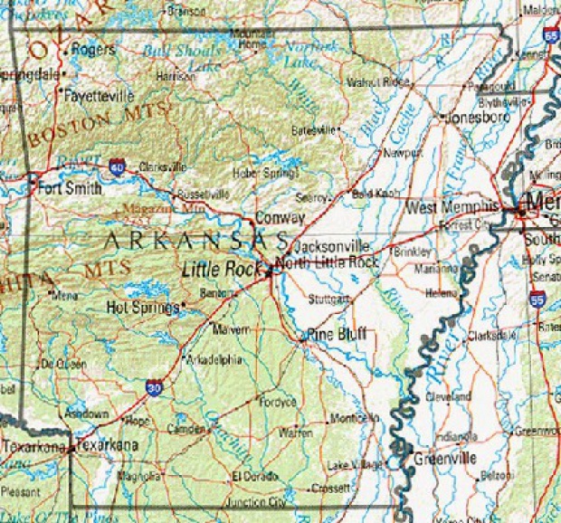 Mapa de Relieve Sombreado de Arkansas, Estados Unidos