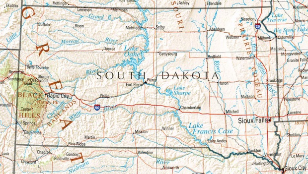 Mapa de Relieve Sombreado de Dakota del Sur, Estados Unidos