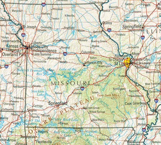 Mapa de Relieve Sombreado de Missouri, Estados Unidos