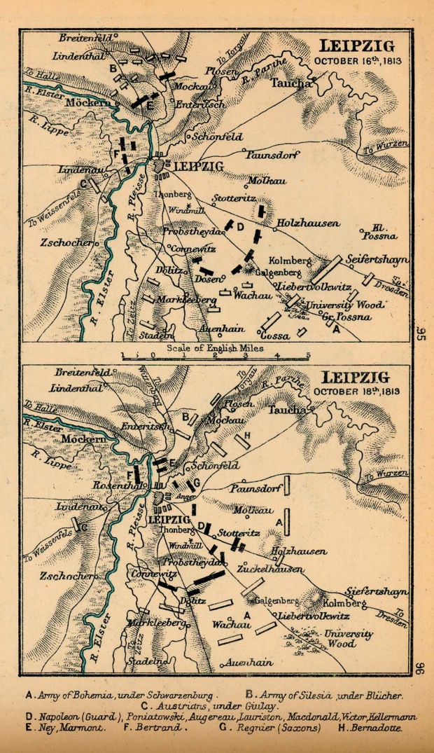 Mapa de la Batalla de Leipzig, Alemania, 16 Octubre y 18 Octubre, 1813