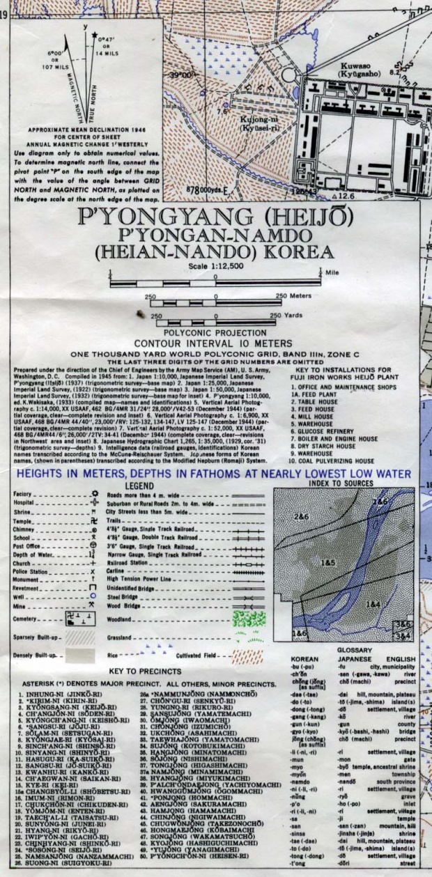 Mapa de la Ciudad Pyongyang, Corea del Norte 1946 (llave)