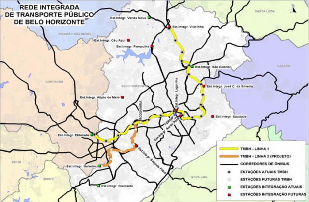 Mapa de la Red de Transporte Publico de Belo Horizonte, Brasil