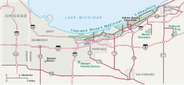 Mapa de la Región de Indiana Dunes Ribera de lago Nacional, Indiana, Estados Unidos
