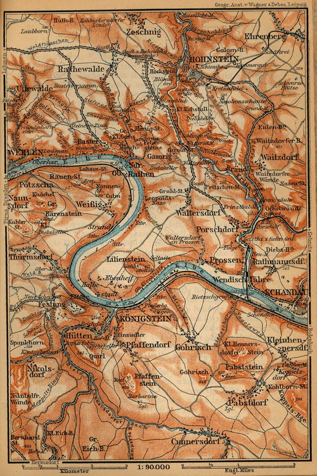 Mapa de la Suiza Sajona Desde Wehlen Hacia Schyau, Alemania 1910