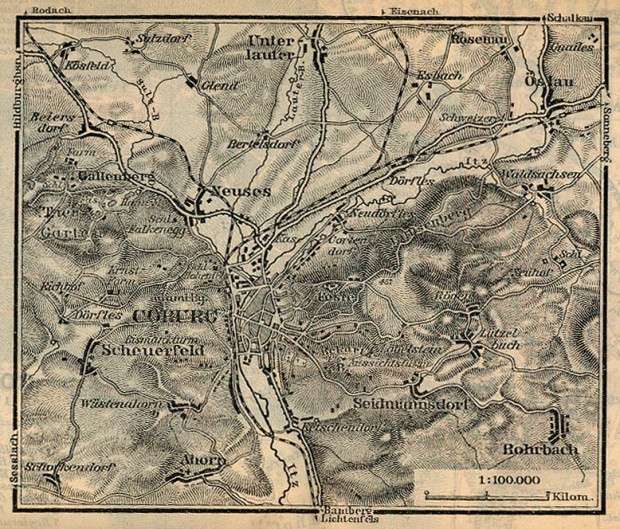 Mapa de las Cercanías de Coburgo, Alemania 1910