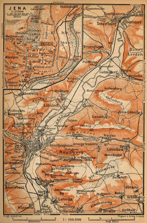 Mapa de las Cercanías de Jena, Alemania 1910