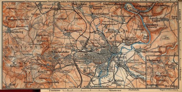 Mapa de las Cercanías de Kassel Alemania 1910