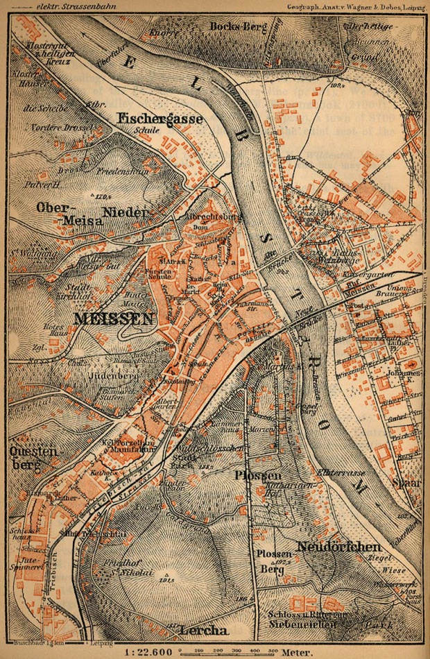 Mapa de las Cercanías de Meissen, Alemania 1910