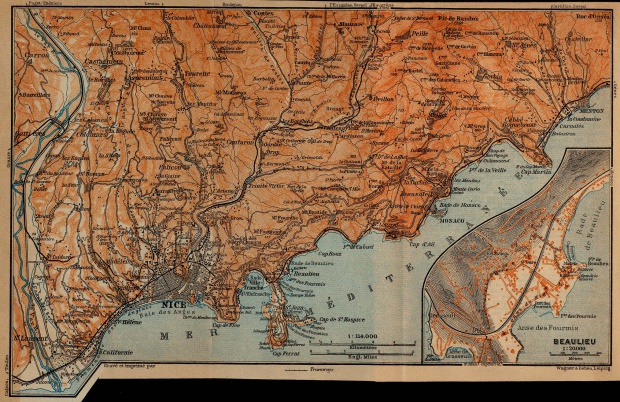 Mapa de las Cercanías de Niza, Monaco, y Menton 1914