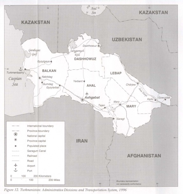 Mapa de las Divisiones Administrativas y Sistema de Transporte de Turkmenistán