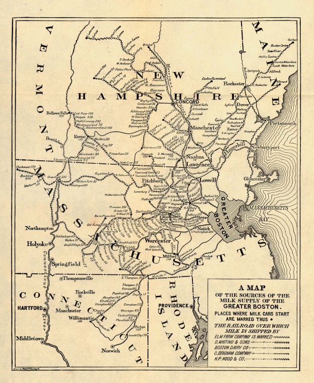 Mapa de las Fuentes del Abastecimiento de Leche del Gran Boston, Massachusetts, Estados Unidos 1901