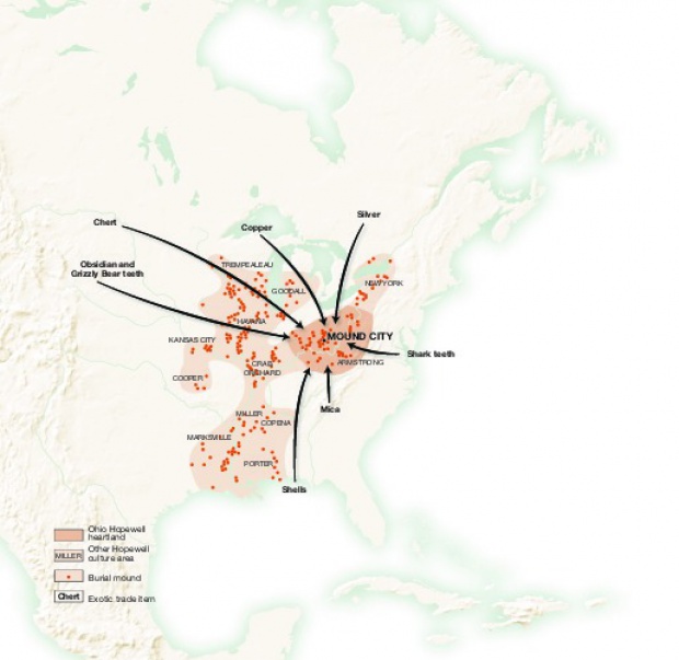 Mapa de las Rutas de Comercio de la Cultura Hopewell 200 BC to 400 A.D