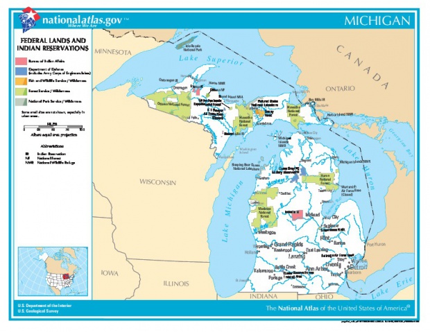 Mapa de las Tierras Federales y de las Reservas Indigenas, Michigan, Estados Unidos