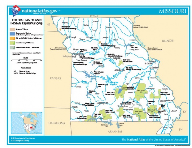 Mapa de las Tierras Federales y de las Reservas Indigenas, Missouri, Estados Unidos