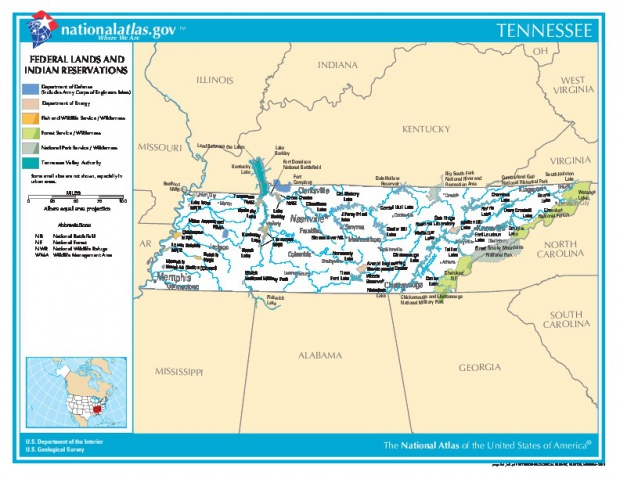 Mapa de las Tierras Federales y de las Reservas Indigenas, Tennessee, Estados Unidos