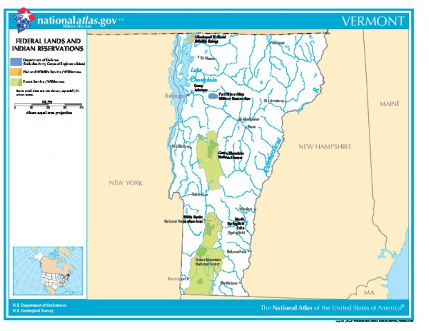 Mapa de las Tierras Federales y de las Reservas Indigenas, Vermont, Estados Unidos