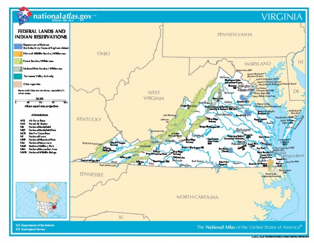 Mapa de las Tierras Federales y de las Reservas Indigenas, Virginia, Estados Unidos
