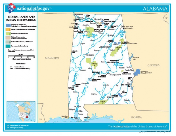 Mapa de las Tierras Federales y de las Reservas Indigenas de Alabama, Estados Unidos