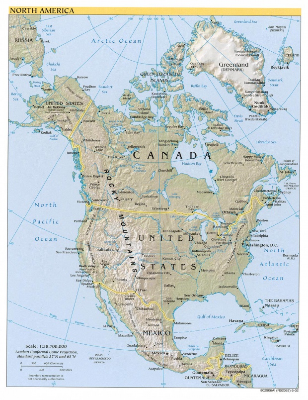 Mapa de relieve de América del Norte 2002