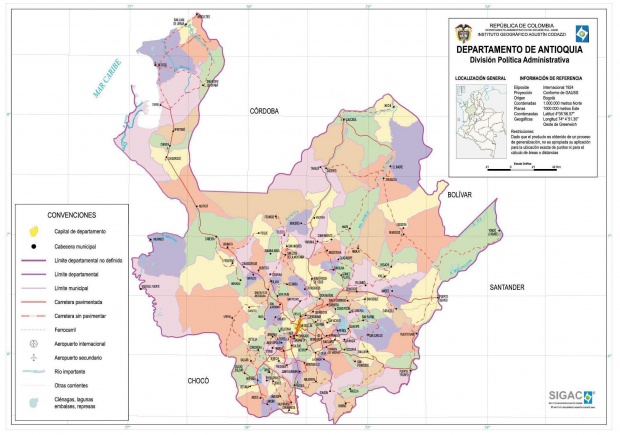 Mapa del Departamento de Antioquia, Colombia