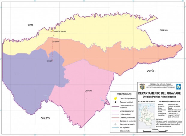 Mapa del Departamento del Guaviare, Colombia