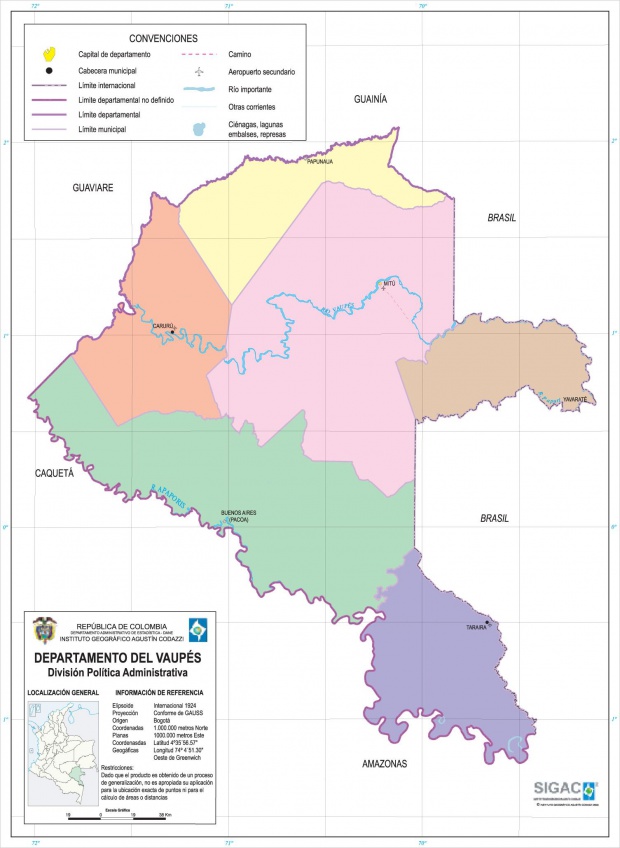 Mapa del Departamento del Vaupés, Colombia