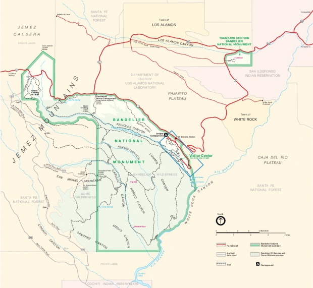 Mapa del Parque del Monumento Nacional Bandelier, Nuevo México, Estados Unidos